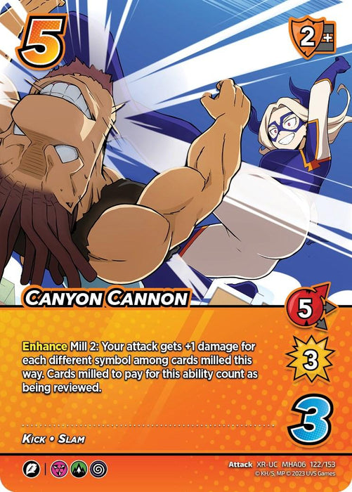A dynamic trading card titled "Canyon Cannon (XR) [Jet Burn]." This Extra Rare Attack Card from the UniVersus brand depicts a powerful action scene with two characters. One character with muscular arms is in the foreground, throwing a strong punch. Another character in the background appears to leap with agility. The card values are: 5 difficulty, 2 resource, 5 attack, 3 speed, and 3 damage. There is text detailing