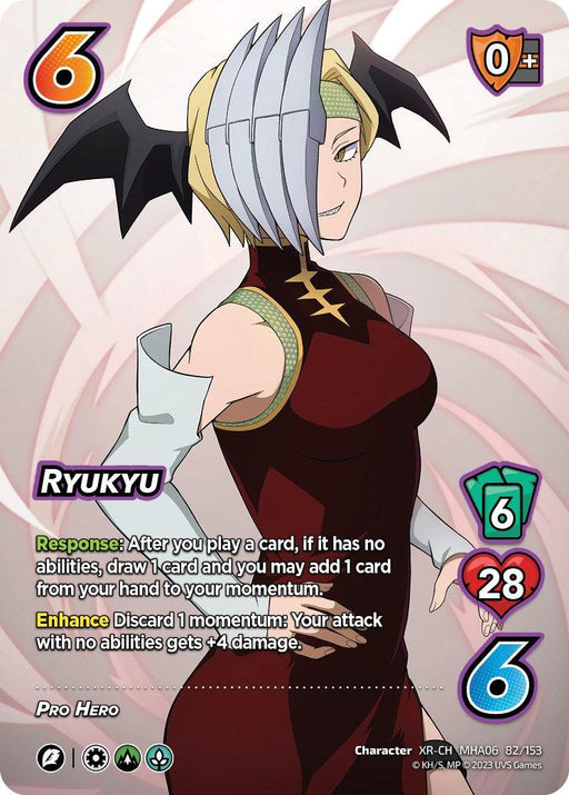 A card from the card game "UniVersus" features an Extra Rare Pro Hero character named Ryukyu (XR) [Jet Burn]. She has blonde hair and wears a dark red outfit with black bat-like wings and a mask covering one eye. The card showcases her stats: a 6 orange value in the top left, a 0 gray value in the top right, and additional details below.