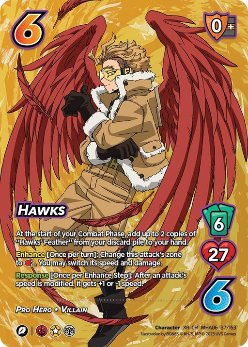 A trading card featuring Hawks (XR) [Jet Burn] from the UniVersus series. The Pro Hero is depicted with red, feathery wings and a beige coat with a fur collar. The card has various stats like 6 on speed and 27 on health. Additional text describes Hawks Feather abilities and actions in combat.