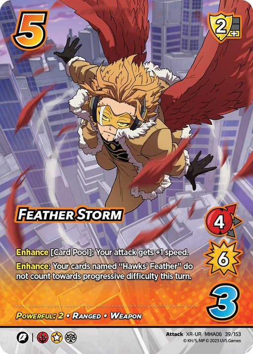 A UniVersus TCG card featuring the character Hawks mid-air, wings spread and surrounded by falling feathers. The card is named "Feather Storm (XR) [Jet Burn]" and has various stats and abilities listed, including powerful "Enhance" effects and attack power, depicted in colorful and dynamic graphics.