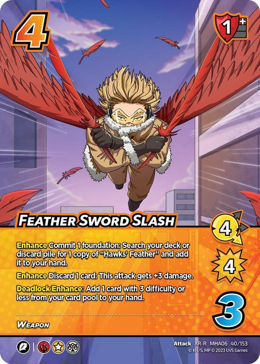 A trading card featuring the Extra Rare character "Hawks" from the "My Hero Academia" series. Hawks, with blond hair and red wings, is flying mid-air wielding a weapon made of his signature red feathers. The card displays stats and abilities: Plus Ultra points (1+), attack (4), difficulty (4), block (3). The description lists **Feather Sword Slash (XR) [Jet Burn]** by **UniVersus**.