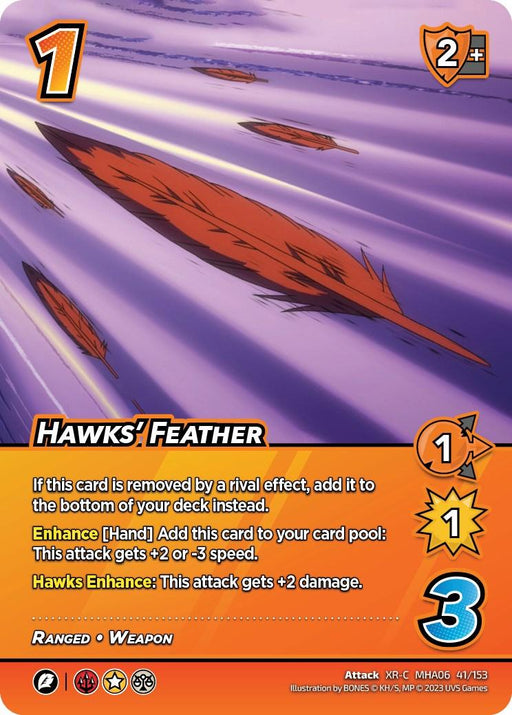 A card titled "Hawks' Feather (XR) [Jet Burn]" from UniVersus features flying red feathers against a purple background. This extra rare card has a value of 1, attack speed of 1, and an additional speed of 3. Its abilities include adding to the deck if removed, and providing attack modifications and damage enhancements.