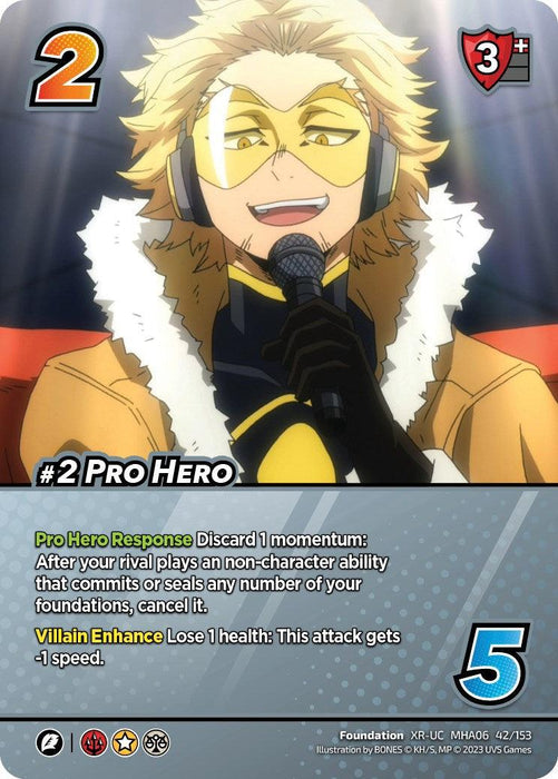 Image of an Extra Rare trading card featuring an animated character. The blonde character wears yellow-tinted glasses, a headset, and a brown fur-lined jacket. He's smiling and holding a microphone. Card details: "2" cost, "3+" defense, name "#2 Pro Hero (XR) [Jet Burn]," abilities "Pro Hero Response" and "Villain Enhance," with "5" speed. Brand Name: UniVersus