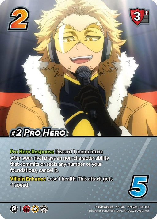 Image of an Extra Rare trading card featuring an animated character. The blonde character wears yellow-tinted glasses, a headset, and a brown fur-lined jacket. He's smiling and holding a microphone. Card details: "2" cost, "3+" defense, name "#2 Pro Hero (XR) [Jet Burn]," abilities "Pro Hero Response" and "Villain Enhance," with "5" speed. Brand Name: UniVersus