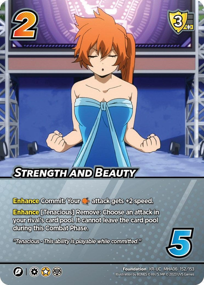 A trading card named "Strength and Beauty (XR) [Jet Burn]" from the UniVersus brand showcases a character in a blue strapless dress, eyes closed, and fists clenched while standing in a stadium. This Extra Rare card has a cost of two, check value of five, and difficulty rating of three. It includes "Enhance Commit" abilities and detailed card game rules.