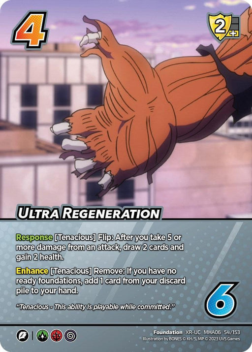 A trading card titled "Ultra Regeneration (XR) [Jet Burn]" with an illustration of a muscular, clawed arm undergoing rapid healing and regeneration. The extra rare card features various stats, including a 4-cost, 2-control, and 6 difficulty rating. The foundation showcases a blue, geometric pattern in the background. This UniVersus card is highly sought after by collectors for its unique design and impressive stats.