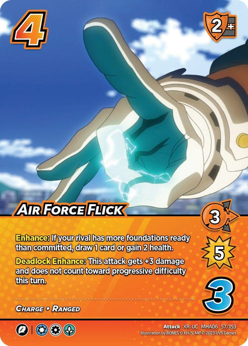An "Air Force Flick (XR) [Jet Burn]" trading card from UniVersus. The card features an illustration of a hand with glowing fingers in a flicking motion, emitting a charged bolt of energy. The top left shows a yellow shield with "4" and an orange shield with "2+". There are multiple symbols and text detailing the card's ranged attack abilities.