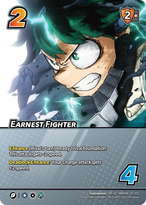 A digital card from the game "My Hero Academia: Collectible Card Game" features an intense, action pose of a character with green hair and a determined expression. The Extra Rare card is titled Earnest Fighter (XR) [Jet Burn] and provides specific game stats, including reducing an opponent's attack speed and boosting speed for the player's charge attack. A shield icon with a 4 is displayed in the bottom right corner.