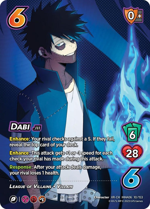 A collectible gaming card featuring the villain Dabi. Dabi, with his spiky black hair, collared jacket, and pants, is surrounded by blue flames. This extra rare card displays stats including a 6 attack, 0 block, and 6 difficulty. Health points are shown as 28. The product is **Dabi (XR) [Jet Burn]** from **UniVersus**.