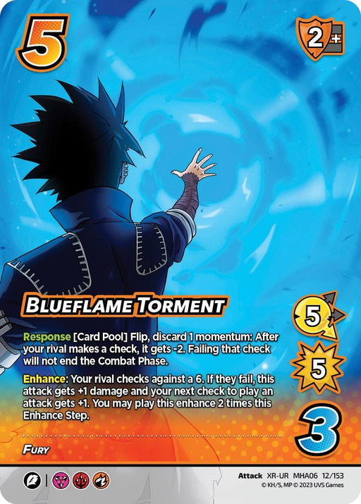 A Blueflame Torment (XR) [Jet Burn] Extra Rare trading card from the MHA05 set by UniVersus. The card, edged with an orange flame motif, showcases a blue-flamed character. With a block value of 5, an attack of 2+, speed of 5, difficulty of 5, and damage of 3, it includes descriptive text and the "Fury" keyword.