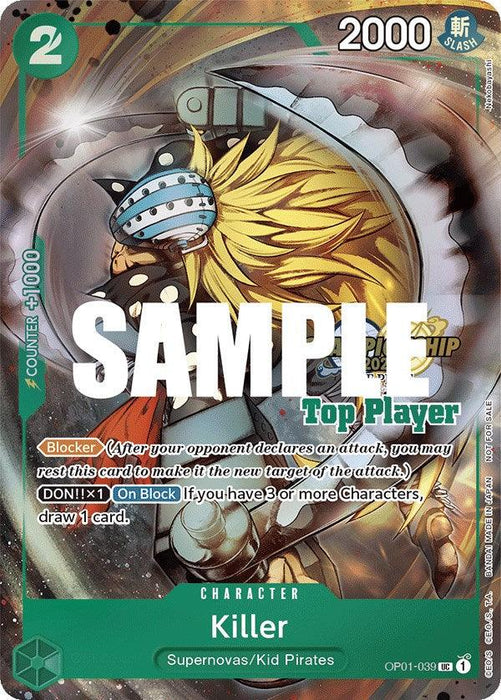 A Killer (CS 2023 Top Players Pack) [One Piece Promotion Cards] from Bandai featuring Killer. The card includes text and stats: "2 Cost," "Blocker," "2000 Power," ability descriptions, and series information. The card has a SAMPLE watermark across it. Killer is depicted wearing a metal helmet, with blond hair visible.