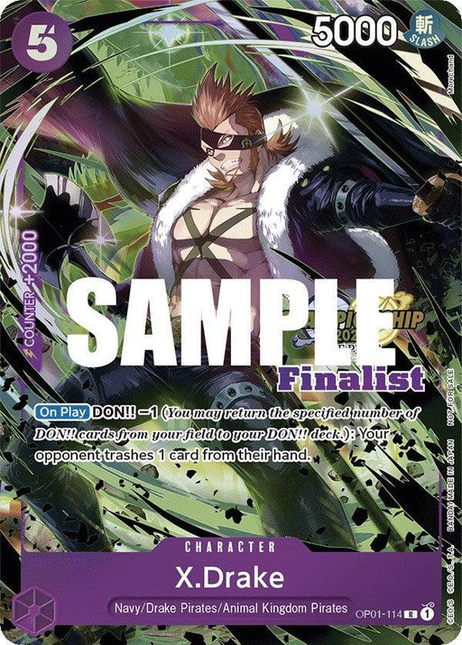 A trading card featuring the rare character X. Drake from One Piece. The card boasts a power of 5000 and a counter of 2000. With an On Play Ability, it manipulates DON!! cards and forces the opponent to discard one. Accented in purple and green, it's marked "Sample" and "Finalist," part of the Bandai X.Drake (CS 2023 Top Players Pack) [Finalist] [One Piece Promotion Cards] collection.