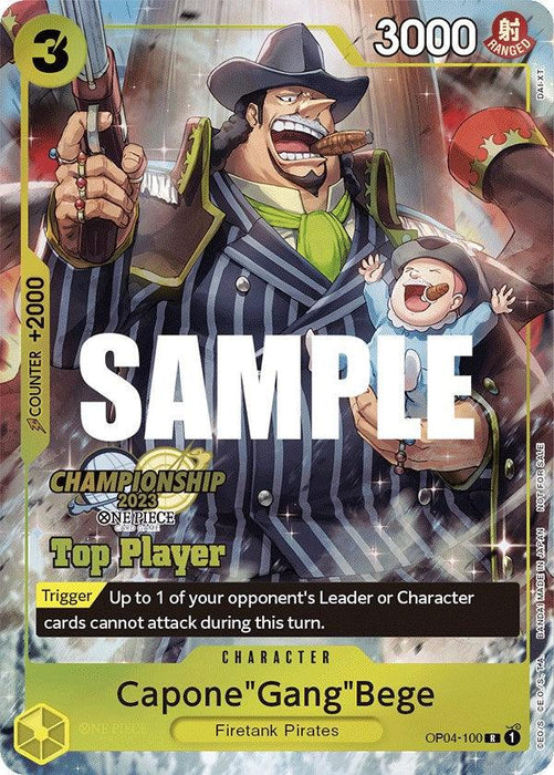 Sample card from the One Piece Championship 2023 featuring Capone"Gang"Bege (CS 2023 Top Players Pack) [One Piece Promotion Cards] by Bandai, numbered OP04-100. This Rare Character Card displays Bege in a pinstripe suit holding a cigar and a baby. With 3000 power, its trigger disables an opponent's Leader or Character card for one turn—a coveted addition to any deck.