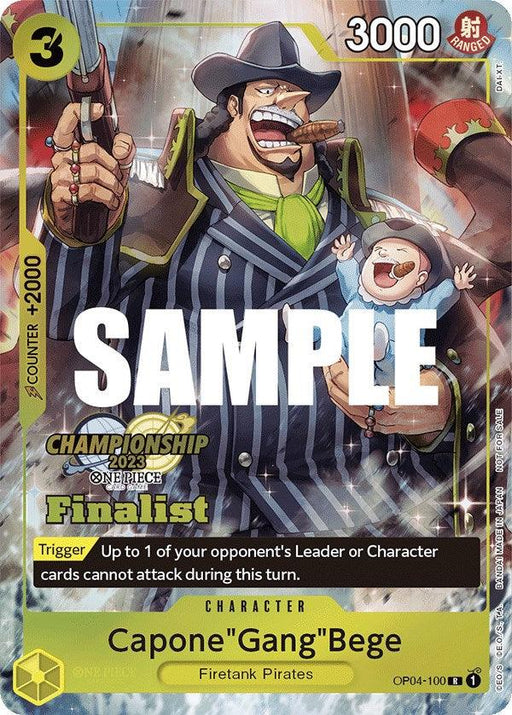 A Bandai Capone"Gang"Bege (CS 2023 Top Players Pack) [Finalist] [One Piece Promotion Cards] featuring "Capone 'Gang' Bege" from the Firetank Pirates. This rare character card displays Bege in a pinstripe suit, holding a cigar and a small child. The championship finalist card has an attack counter of +2000, costs 3, has 3000 power, and includes a unique trigger ability.