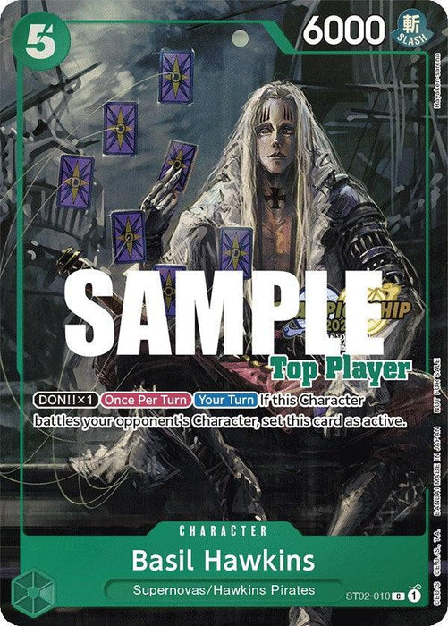 A trading card features Basil Hawkins from One Piece, with the identifier ST02-010. The backdrop is a mystical scene with floating tarot cards. Hawkins, wearing a dark robe, is depicted with long white hair. This Character Card has stats: 6000 power and 5 cost, and includes special abilities and attributes. The product name is Basil Hawkins (CS 2023 Top Players Pack) [One Piece Promotion Cards] by Bandai.
