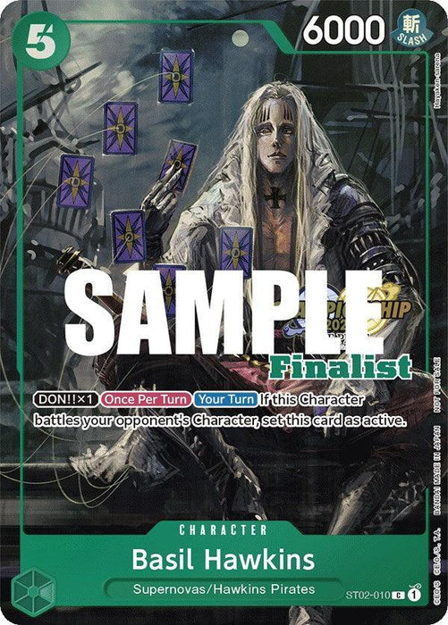 A Common Rarity trading card featuring Basil Hawkins (CS 2023 Top Players Pack) [Finalist] [One Piece Promotion Cards] from Bandai and the Supernovas/Hawkins Pirates. The card displays the character’s name at the bottom. Basil Hawkins has long hair, wears a long coat, and is surrounded by tarot cards. The card is marked with "SAMPLE" and "Finalist" with various game stats.