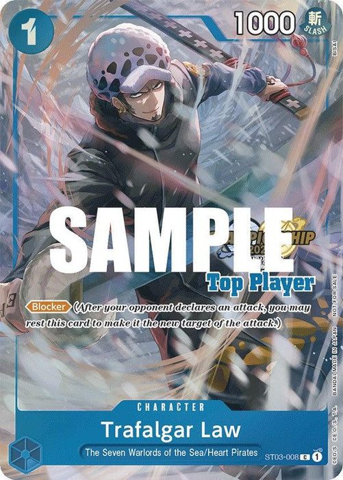 A trading card featuring the character Trafalgar Law from the series "One Piece." Law, sporting his signature spotted hat, wields his sword amidst dynamic, icy energy. Part of the Bandai One Piece Promotion Cards, it showcases his 1000 power and Blocker ability with "Top Player" and "Sample" prominently overlaid. The product is named Trafalgar Law (CS 2023 Top Players Pack) [One Piece Promotion Cards].