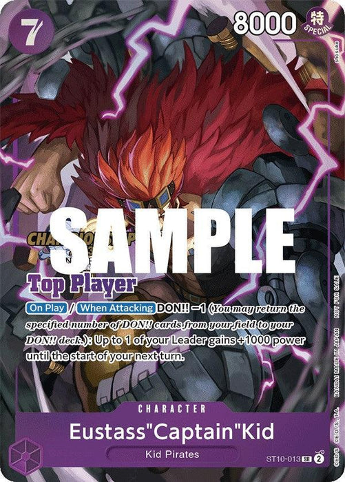 A *Bandai* trading card titled "Eustass 'Captain' Kid" from the *One Piece Promotion Cards (CS 2023 Top Players Pack)*, with a purple border. The character card features an illustrated figure with bright red hair, metal armor, and large mechanical arms. The text details the character's abilities and stats, boasting 8000 power and 7 cost.