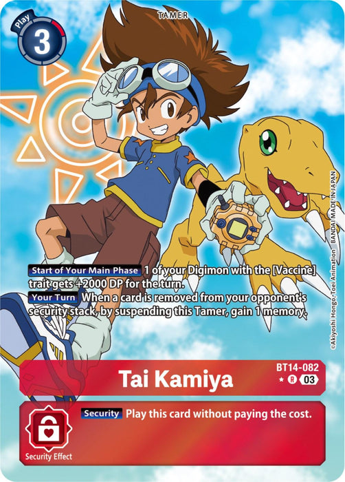 A Digimon trading card titled "Tai Kamiya [Bt14-082] (Alternate Art) [Blast Ace]" features an animated character with brown hair, wearing goggles, a blue shirt, brown shorts, and white gloves, standing next to a yellow dinosaur-like Digimon with the Vaccine trait. The card includes various stats and effects such as "Security" and "Your Turn" descriptions.