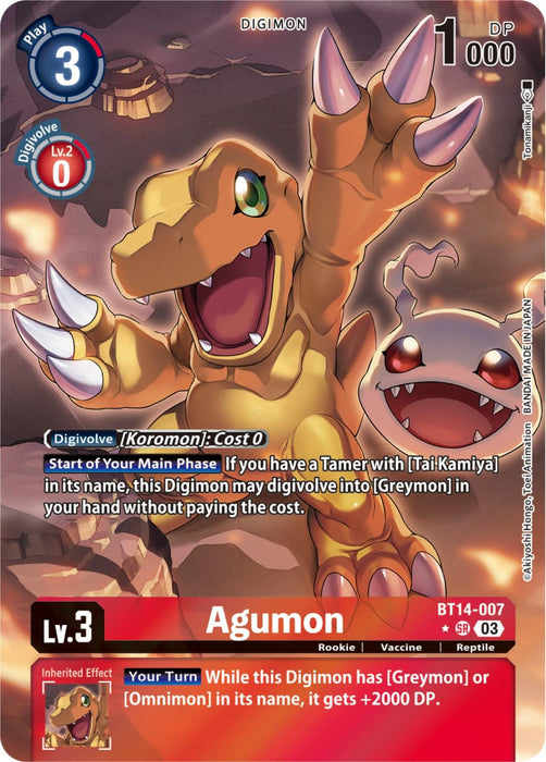 A Digimon trading card features Agumon [Bt14-007] (Alternate Art) [Blast Ace], a dinosaur-like creature, with its mouth open in a roar. It has an orange body with green eyes and sharp claws. The Super Rare card includes detailed game stats and effects, indicating it’s a Level 3, Rookie, Vaccine type.