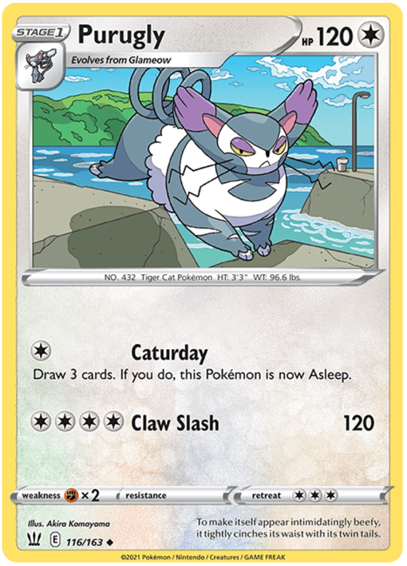 A Pokémon Purugly (116/163) [Sword & Shield: Battle Styles] card from the Sword & Shield series featuring Purugly, a gray and white feline Pokémon with a curled, purple tail. The card shows Purugly near the sea with mountains in the background. It has 120 HP, and its two attacks are 