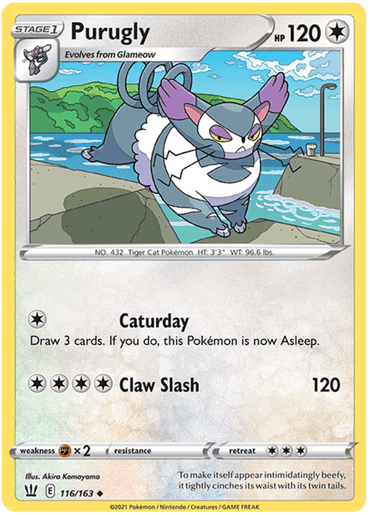 A Pokémon Purugly (116/163) [Sword & Shield: Battle Styles] card from the Sword & Shield series featuring Purugly, a gray and white feline Pokémon with a curled, purple tail. The card shows Purugly near the sea with mountains in the background. It has 120 HP, and its two attacks are "Caturday" and "Claw Slash." Illustrated by Akira Komoyama.