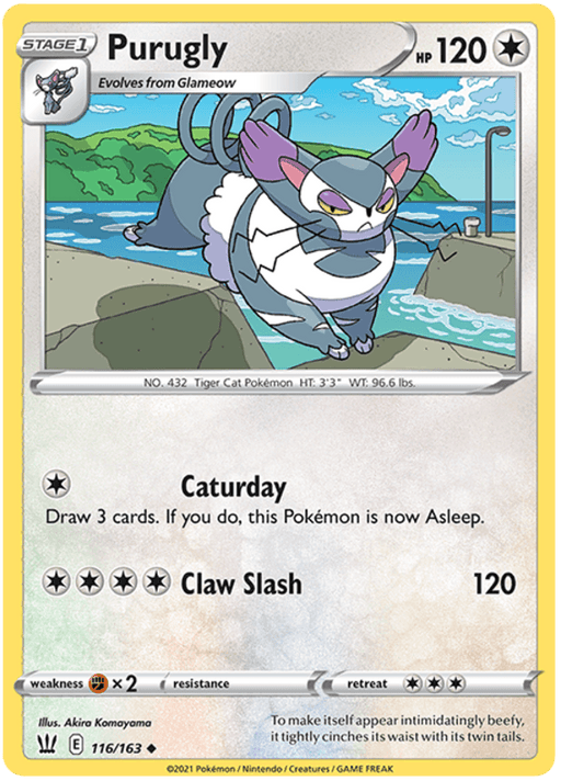 A Pokémon Purugly (116/163) [Sword & Shield: Battle Styles] card from the Sword & Shield series featuring Purugly, a gray and white feline Pokémon with a curled, purple tail. The card shows Purugly near the sea with mountains in the background. It has 120 HP, and its two attacks are "Caturday" and "Claw Slash." Illustrated by Akira Komoyama.