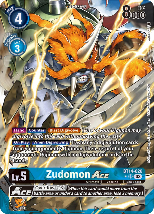 A Digimon Zudomon Ace [BT14-026] (GOSSAN Alternate Art) [Blast Ace] trading card featuring Zudomon ACE, a Level 5 Ultimate Vaccine type with 8000 DP. The illustrated Zudomon has orange fur, armor, and a large metal hammer. The card details its abilities, including Blast Digivolve for 4 play points and stats.