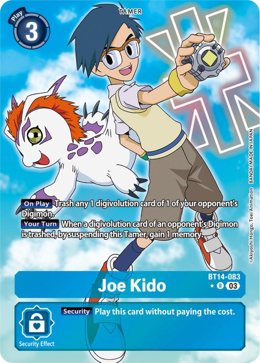 A trading card featuring a character named Joe Kido, identified as a 'Tamer.' Joe is depicted in a dynamic pose, wearing glasses, a blue shirt, shorts, and sneakers, while holding a Digivice. Alongside him is a Digimon with white fur and colorful markings. Card text details his Digivolution abilities. The product is Joe Kido [BT14-083] (Alternate Art) [Blast Ace] from the brand Digimon.