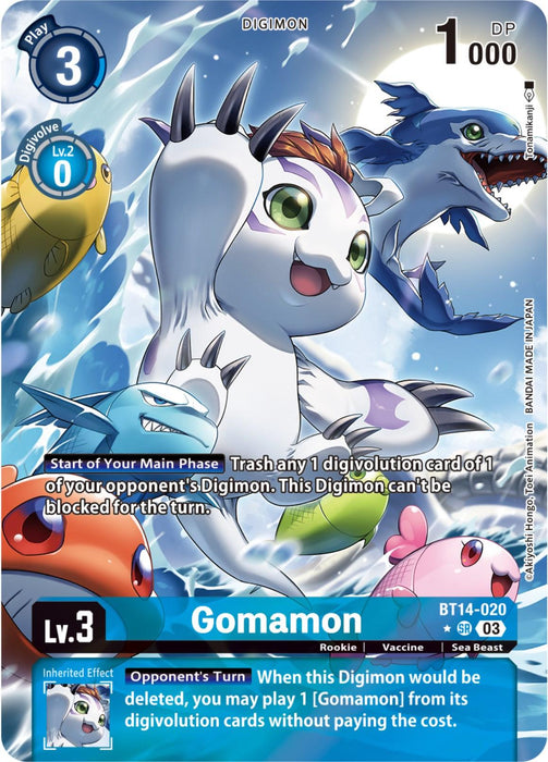 A Digimon card featuring Gomamon, a sea otter-like creature with white fur, blue eyes, and orange markings. As a Rookie Digimon surrounded by aquatic allies, this Super Rare card has 1000 DP and costs 3 to play. Its Level 3 effect includes preventing deletions and blocking opponent’s Digivolution. The product is the Gomamon [BT14-020] (Alternate Art) [Blast Ace] from Digimon.