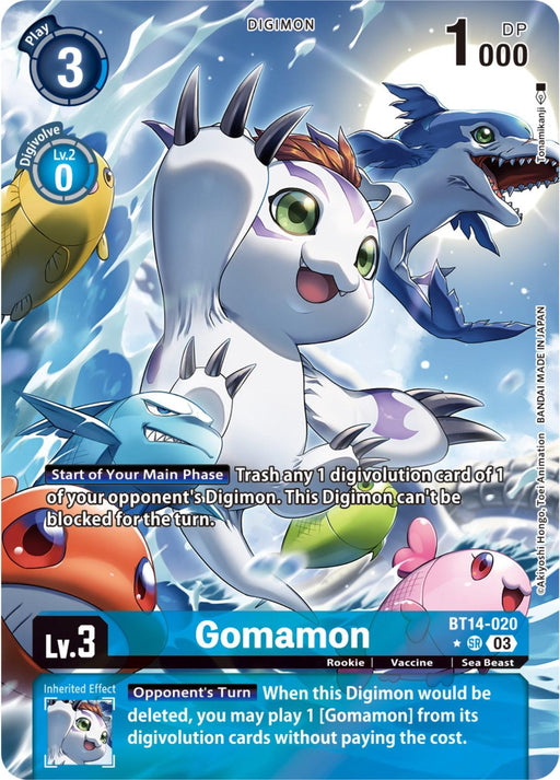 A Digimon card featuring Gomamon, a sea otter-like creature with white fur, blue eyes, and orange markings. As a Rookie Digimon surrounded by aquatic allies, this Super Rare card has 1000 DP and costs 3 to play. Its Level 3 effect includes preventing deletions and blocking opponent’s Digivolution. The product is the Gomamon [BT14-020] (Alternate Art) [Blast Ace] from Digimon.