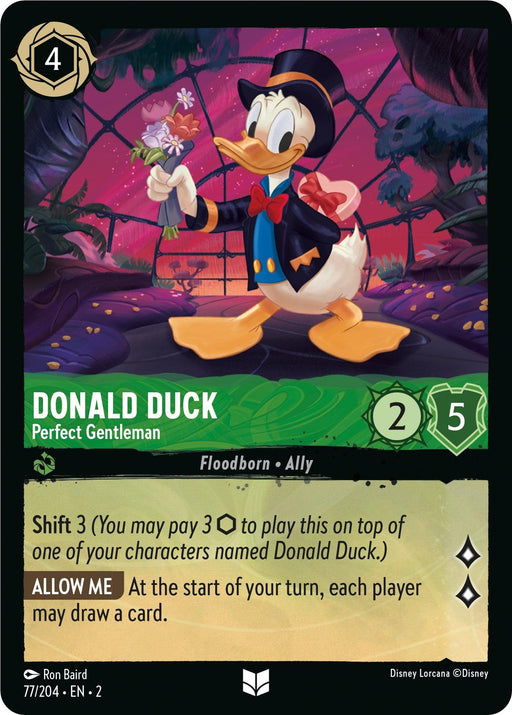Donald Duck, wearing a tuxedo and holding a bouquet, is depicted on the "Donald Duck - Perfect Gentleman (77/204) [Rise of the Floodborn]" card from Disney. The card features various game details such as Shift 3, strength of 2, and willpower of 5. It includes an ability called "Allow Me," which lets each player draw a card at the start of their turn.