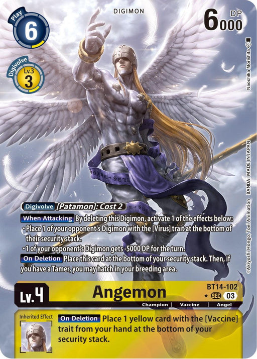 A Digimon trading card featuring Angemon [BT14-102] (Alternate Art) [Blast Ace], a humanoid figure with long blond hair, a partial face mask, and white wings. It shows various stats: Level 4, Vaccine type, special abilities for attacking and deletion, 6000 DP, and a cost of 6 to play. The Secret Rare card is numbered BT14-103.