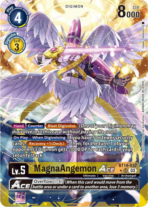 Image of a Super Rare Digimon card featuring "MagnaAngemon Ace [BT14-037] (Alternate Art) [Blast Ace]." The card is predominantly purple and gold with detailed artwork of MagnaAngemon, an archangel Digimon with large golden wings wielding a sword. The card details include Play Cost 4, DP 8000, Lv.5, and various abilities and effects.