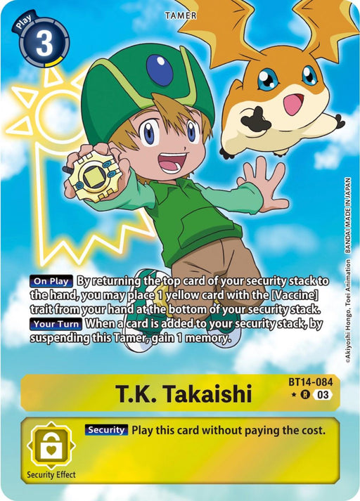 A Digimon trading card titled "T.K. Takaishi [BT14-084] (Alternate Art) [Blast Ace]." It features an anime-style boy in a green hat next to a floating Digimon with orange and white coloring. The card displays text and stats, indicating abilities related to security and memory. As a Tamer card, its bright background includes a yellow security icon at the bottom.