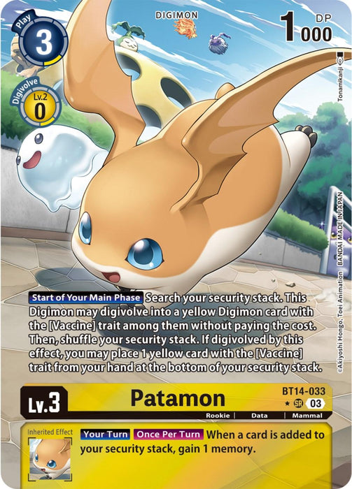 Image of a Digimon card for Patamon [BT14-033] (Alternate Art) [Blast Ace], mid-air with large ears and a small, round body. The Super Rare Level 3 card boasts 1000 DP and belongs to the Vaccine type. Effect details and abilities are included at the bottom and left of the card, numbered BT14-033.