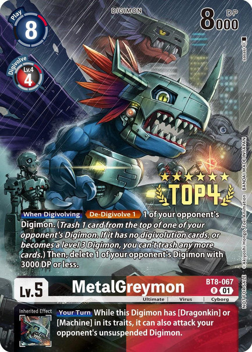 A Digimon trading card featuring MetalGreymon [BT8-067] (Digimon 3-On-3 November 2023 Top 4) [New Awakening], an Ultimate Digimon. The card has a blue border and a play cost of 8. MetalGreymon, a robotic dinosaur with a metal arm and sharp claws, is the focus. The level 5 card boasts 8000 DP and showcases various abilities and effects in text boxes around the image.
