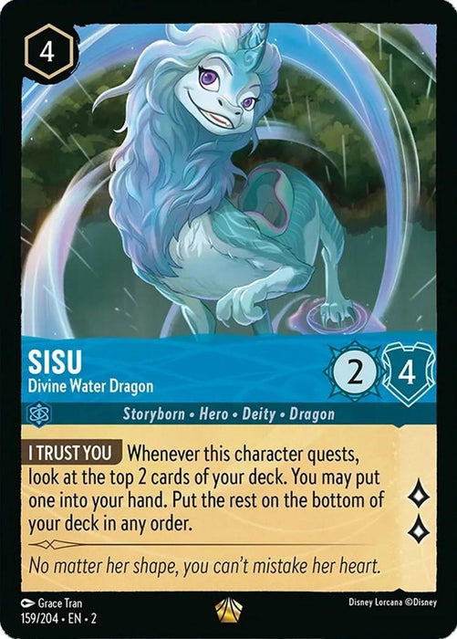 Image of a card from the Disney Lorcana trading card game, Rise of the Floodborn, featuring Sisu - Divine Water Dragon (159/204) [Rise of the Floodborn]. Sisu is depicted as a blue dragon with a white mane. The card costs 4 to play and has a 2/4 stat line. It has an ability named "I Trust You," allowing the player to look at the top 2 cards.