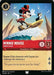A Disney Lorcana trading card titled "Minnie Mouse - Stylish Surfer (113/204) [Rise of the Floodborn]." It features Minnie Mouse surfing on a wave with a happy expression, wearing a red bow and yellow dress. The Dreamborn Hero card boasts 1 attack, 3 defense points, and the Evasive ability.