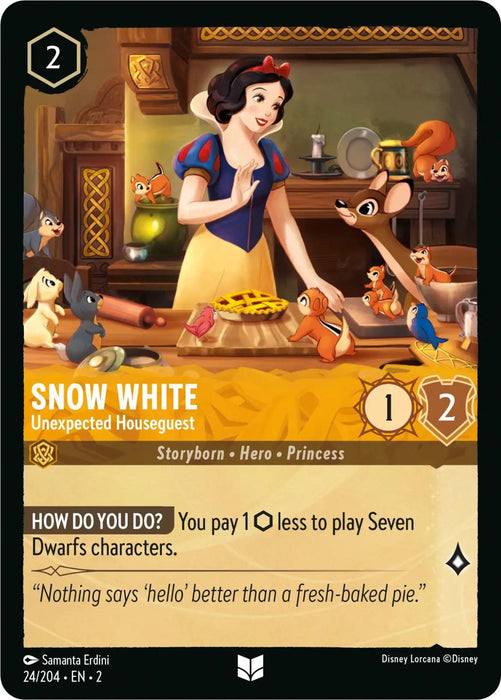 Snow White, donning her iconic blue, red, and yellow dress, bakes a pie in the kitchen surrounded by friendly animals like deer, birds, and rabbits. The card reads: "Snow White - Unexpected Houseguest (24/204) [Rise of the Floodborn]" with stats (1/2) and an ability: "You pay 1 less to play Seven Dwarfs characters." This is an uncommon card by Disney.