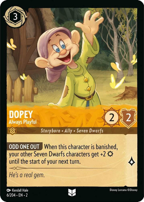 A Disney Lorcana trading card featuring Dopey from Snow White and the Seven Dwarfs. The card depicts Dopey smiling and waving, wearing his signature green tunic and purple hat. With a cost of 3, an attack and defense of 2 each, it highlights his special ability, "Odd One Out." The product name is Dopey - Always Playful (6/204) [Rise of the Floodborn], by Disney.