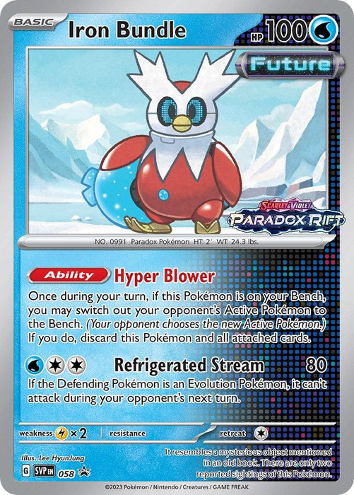 A Pokémon trading card featuring Iron Bundle (058) [Scarlet & Violet: Black Star Promos], a futuristic bird-like creature with an icy motif, hailing from the Pokémon series. It has 100 HP and is labeled as a "Future" Paradox Water Type Pokémon. The card includes its abilities, attack moves, weaknesses, and retreat cost, along with artwork by Lee HyunJung.