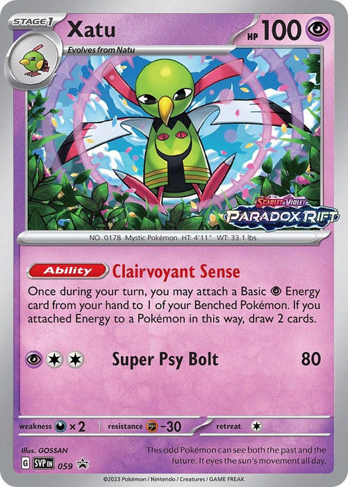 A Pokémon Xatu (059) [Scarlet & Violet: Black Star Promos] for Xatu, a Psychic-type from the Scarlet & Violet series. Xatu's image shows a green bird-like creature with a red and yellow design on its wings. The Black Star Promos card details include 100 HP, the Paradox Rift set symbol, and moves: Clairvoyant Sense and Super Psy Bolt. Card number SVP EN 059.