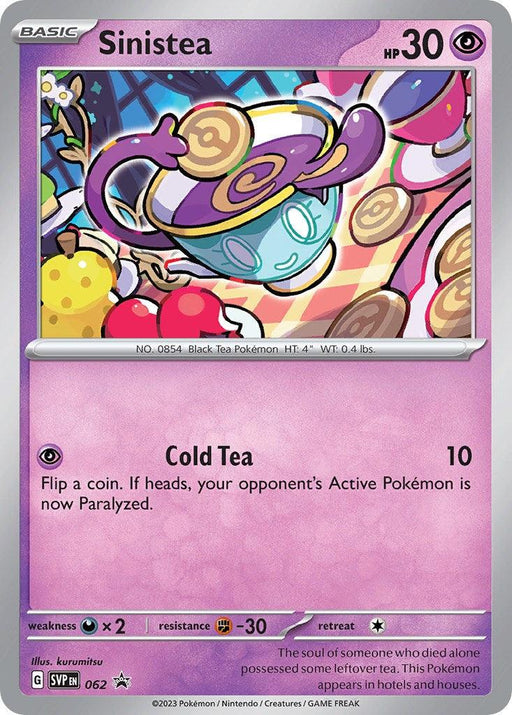 A special Pokémon Sinistea (062) [Scarlet & Violet: Black Star Promos] trading card of Sinistea, a ghost-type Pokémon. The card art depicts Sinistea as a small teacup with a purple liquid, floating in mid-air against colorful, swirling patterns. With 30 HP and the move "Cold Tea" causing paralysis, it has a retreat cost of one energy.