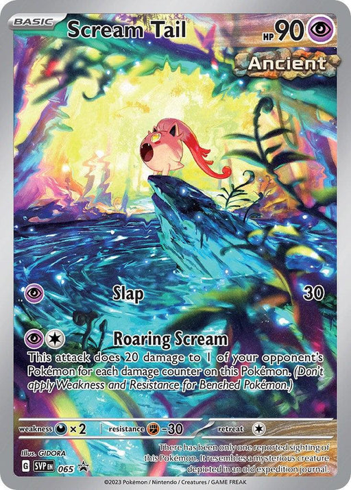 A Pokémon trading card featuring Scream Tail, with 90 HP from the Ancient set. The card showcases a pink Psychic Pokémon with large eyes and a tail, standing on rocks in a vivid, colorful landscape. From the Scarlet & Violet series, it has two moves: "Slap" that deals 30 damage and "Roaring Scream" that deals 20 damage per counter on it.
