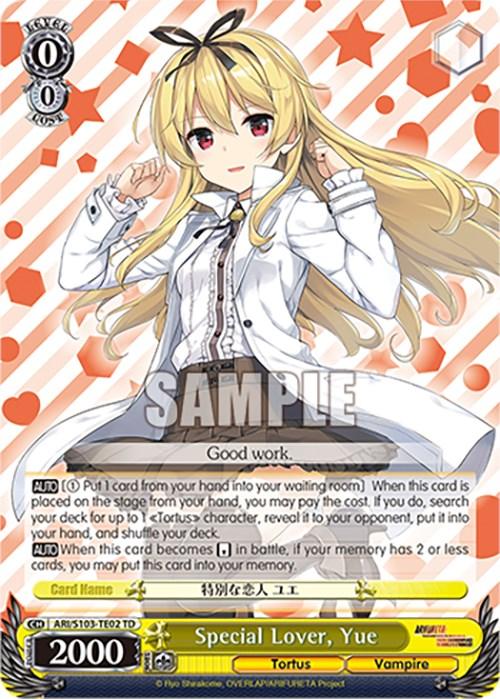 A trading card from Bushiroad featuring Special Lover, Yue (ARI/S103-TE02 TD) [Arifureta: From Commonplace to World's Strongest] with an anime-style character with long blonde hair, a white hairband, and a black ribbon. She wears a white blouse and dark skirt. The background has an orange and white pattern with heart shapes. The card text includes character information and special abilities.