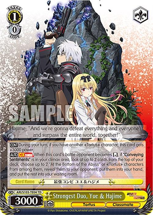 A Strongest Duo, Yue & Hajime (ARI/S103-TE04 TD) [Arifureta: From Commonplace to World's Strongest] by Bushiroad from the anime series "Arifureta: From Commonplace to World’s Strongest," showcasing Hajime and Yue. Hajime, with white hair and black attire, wields a weapon, while Yue, in a flowing white dress, has long blonde hair. The rocky terrain and red accents create a dramatic backdrop. Ideal for your Trial Deck.
