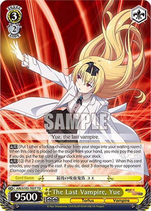 A trading card titled "The Last Vampire, Yue (ARI/S103-TE07 TD) [Arifureta: From Commonplace to World's Strongest]" from Bushiroad, featuring an anime character with long blonde hair and red eyes, dressed in a white outfit. The character is posed dynamically with her right hand extended. The card has various stats and abilities listed, with a sample watermark over the image.