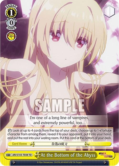 A trading card featuring an anime character with long blonde hair and red eyes, standing in a mysterious setting from "Arifureta: From Commonplace to World's Strongest." The card includes the text "SAMPLE" and is named "At the Bottom of the Abyss (ARI/S103-TE08 TD) [Arifureta: From Commonplace to World's Strongest]" by Bushiroad. The powerful vampire's game-related stats and effects are visible.