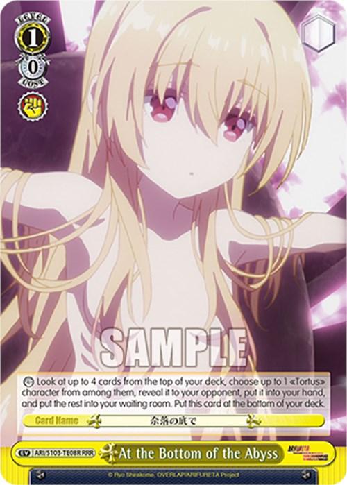 A Triple Rare trading card featuring an anime-style character with long blonde hair and red eyes, wearing a light-colored outfit. Text at the bottom displays the card name "At the Bottom of the Abyss (ARI/S103-TE08R RRR) [Arifureta: From Commonplace to World's Strongest]." Various stats and game instructions are printed around the Tortus character. The word "SAMPLE" is overlaid on the card. This product is part of Bushiroad's collection.